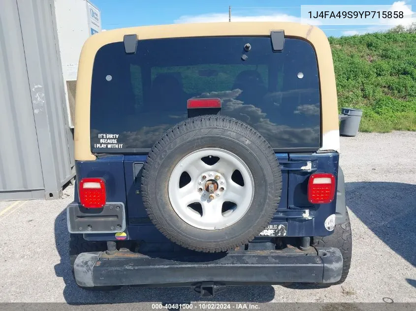 2000 Jeep Wrangler Sport VIN: 1J4FA49S9YP715858 Lot: 40481000