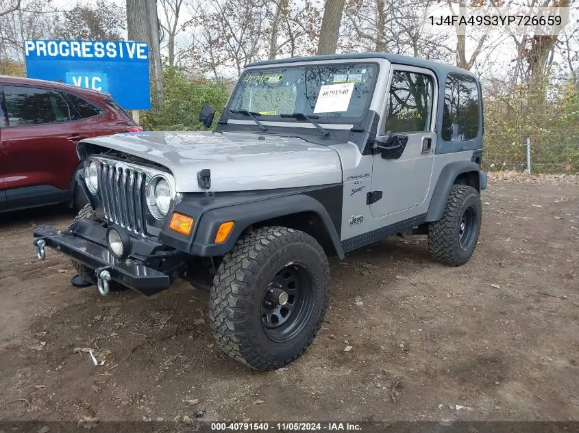 2000 Jeep Wrangler Sport VIN: 1J4FA49S3YP726659 Lot: 40791540