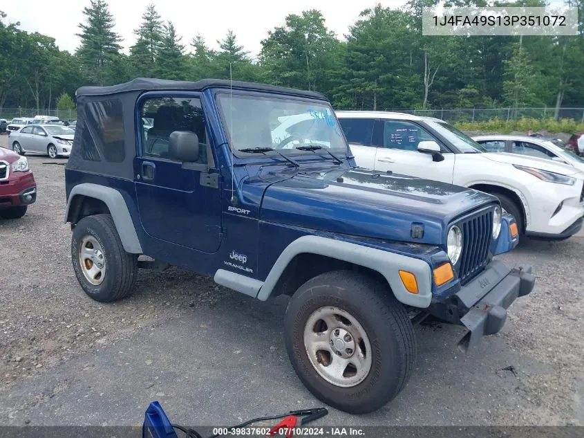 2003 Jeep Wrangler Sport VIN: 1J4FA49S13P351072 Lot: 39837602