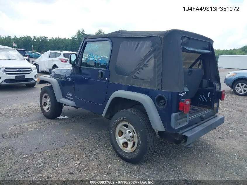 2003 Jeep Wrangler Sport VIN: 1J4FA49S13P351072 Lot: 39837602