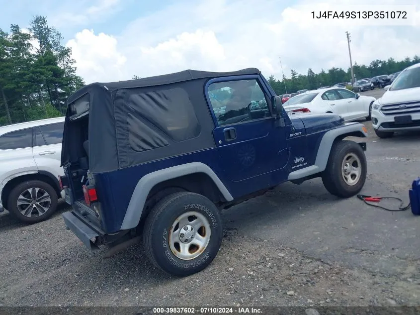 2003 Jeep Wrangler Sport VIN: 1J4FA49S13P351072 Lot: 39837602