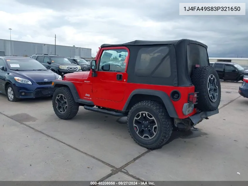 2003 Jeep Wrangler Sport VIN: 1J4FA49S83P321650 Lot: 40208058