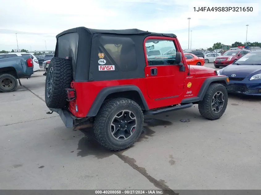 2003 Jeep Wrangler Sport VIN: 1J4FA49S83P321650 Lot: 40208058