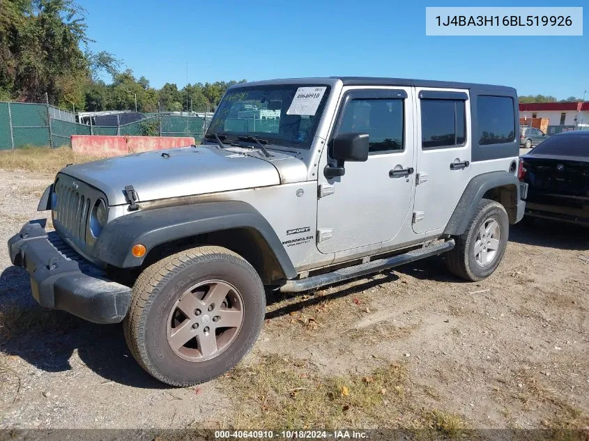 2011 Jeep Wrangler Unlimited Sport VIN: 1J4BA3H16BL519926 Lot: 40640910