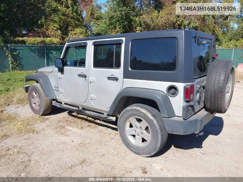 2011 Jeep Wrangler Unlimited Sport VIN: 1J4BA3H16BL519926 Lot: 40640910