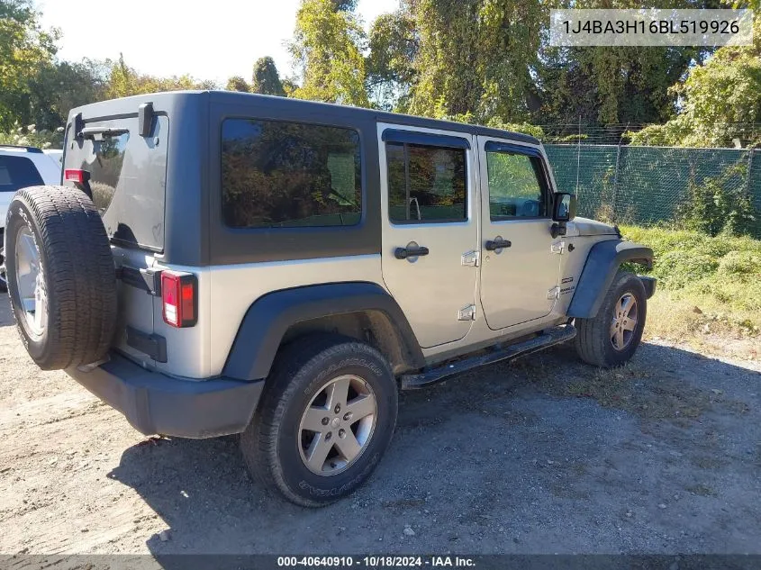 2011 Jeep Wrangler Unlimited Sport VIN: 1J4BA3H16BL519926 Lot: 40640910