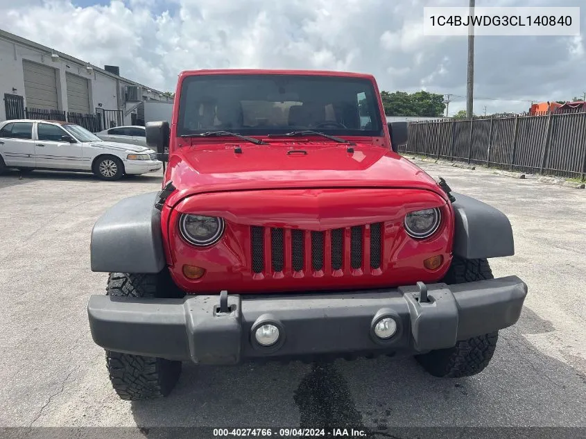 2012 Jeep Wrangler Unlimited Sport VIN: 1C4BJWDG3CL140840 Lot: 40274766