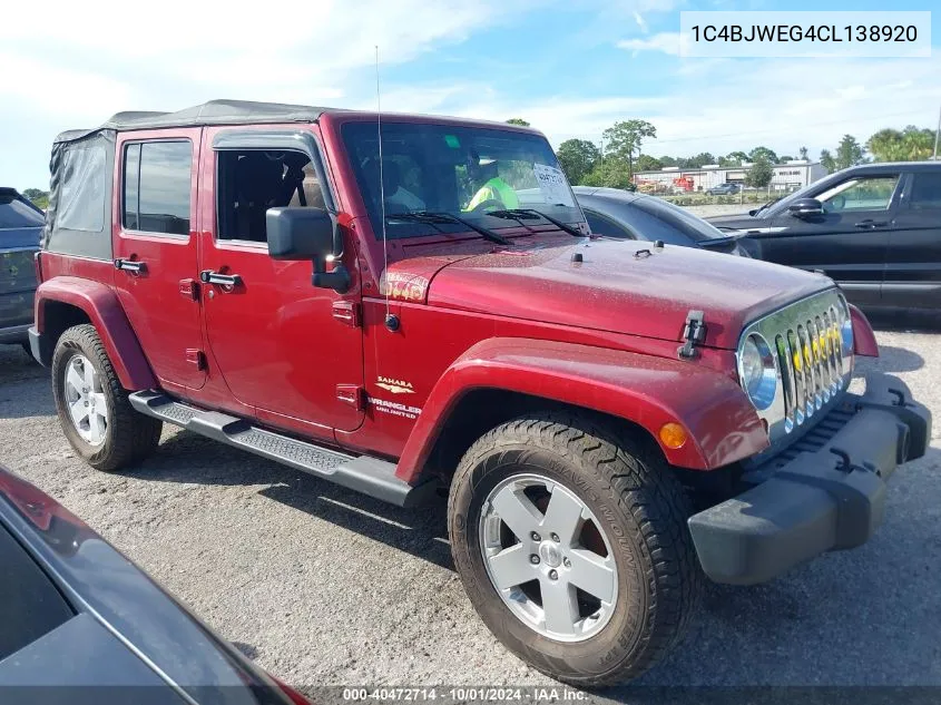 2012 Jeep Wrangler Unlimited Sahara VIN: 1C4BJWEG4CL138920 Lot: 40472714