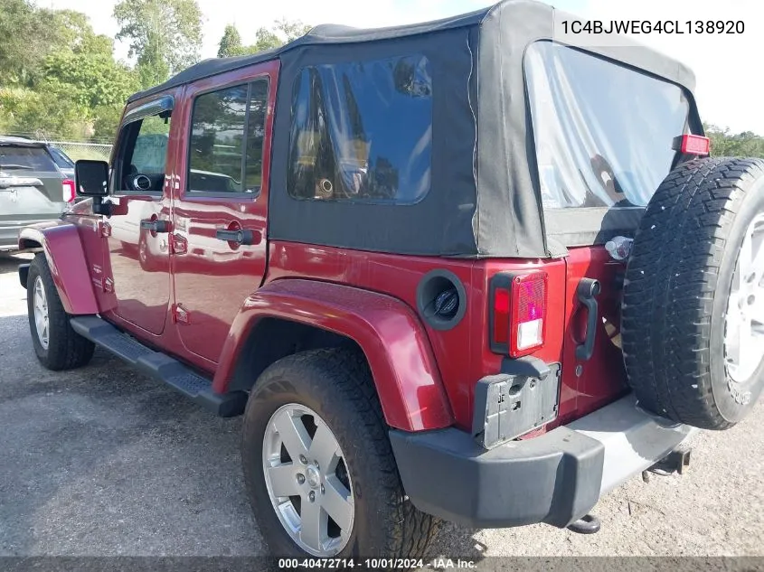 2012 Jeep Wrangler Unlimited Sahara VIN: 1C4BJWEG4CL138920 Lot: 40472714