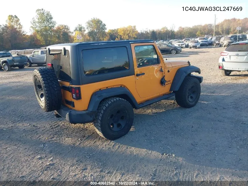 2012 Jeep Wrangler Sport VIN: 1C4GJWAG3CL247669 Lot: 40652540