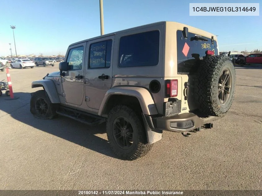 2016 Jeep Wrangler Unlimited Sahara VIN: 1C4BJWEG1GL314649 Lot: 20180142