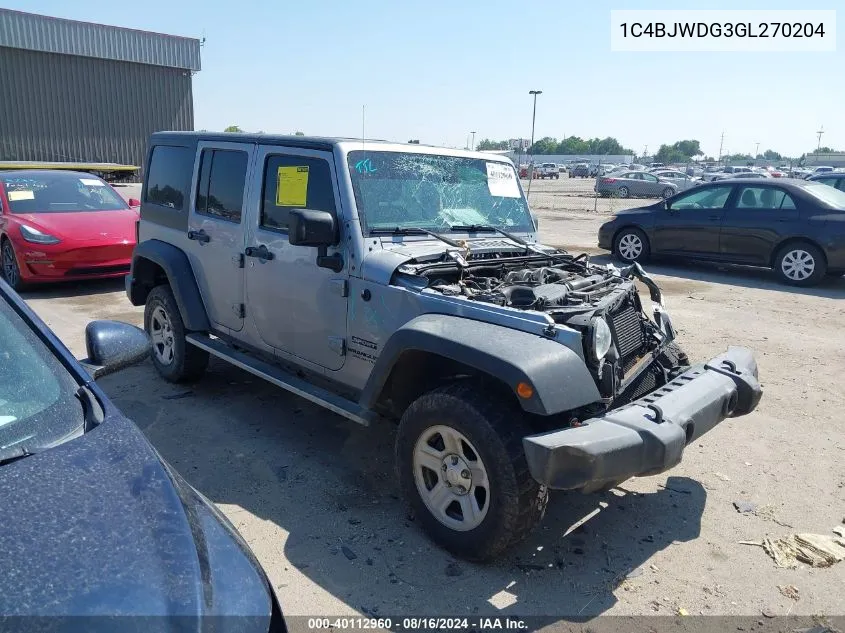 2016 Jeep Wrangler Unlimited Sport VIN: 1C4BJWDG3GL270204 Lot: 40112960