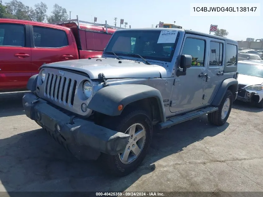 2016 Jeep Wrangler Unlimited Sport VIN: 1C4BJWDG4GL138147 Lot: 40425359