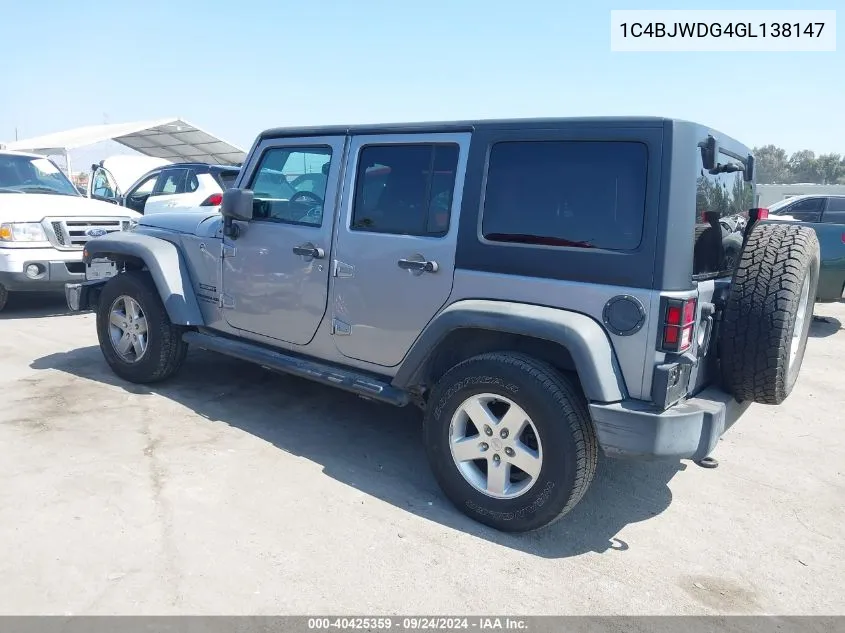 2016 Jeep Wrangler Unlimited Sport VIN: 1C4BJWDG4GL138147 Lot: 40425359