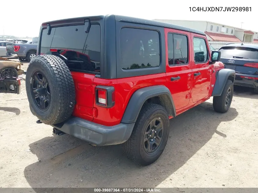 2018 Jeep Wrangler Unlimited Sport 4X4 VIN: 1C4HJXDN7JW298981 Lot: 39887364