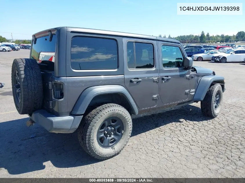 2018 Jeep Wrangler Unlimited Sport 4X4 VIN: 1C4HJXDG4JW139398 Lot: 40311489