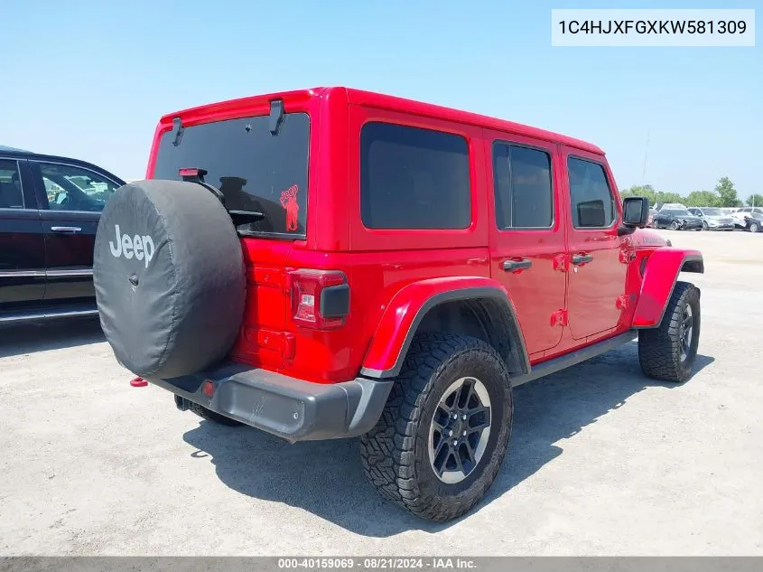 2019 Jeep Wrangler Unlimited Rubicon VIN: 1C4HJXFGXKW581309 Lot: 40159069