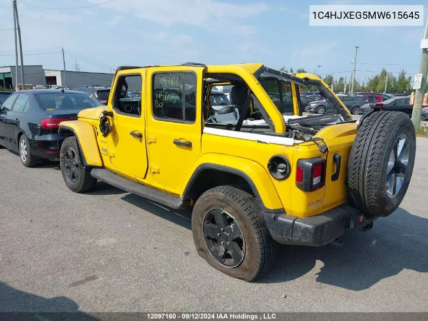 2021 Jeep Wrangler Unlimited Sahara VIN: 1C4HJXEG5MW615645 Lot: 12097160