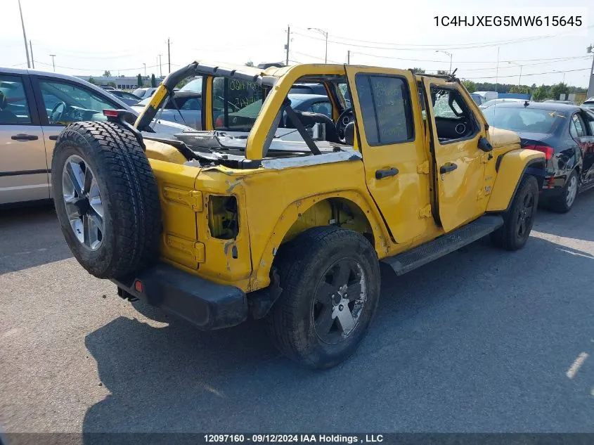 2021 Jeep Wrangler Unlimited Sahara VIN: 1C4HJXEG5MW615645 Lot: 12097160