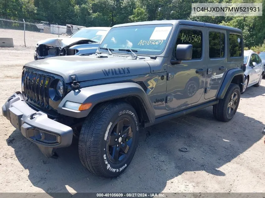 2021 Jeep Wrangler Unlimited Willys 4X4 VIN: 1C4HJXDN7MW521931 Lot: 40105609