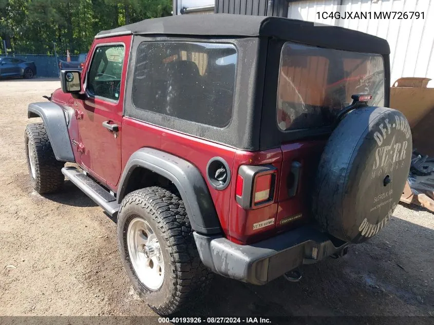 2021 Jeep Wrangler 80Th Anniversary 4X4/Freedom 4X4/Islander 4X4/Sport 4X4/Sport S 4X4/Willys 4X4/Willys Sport 4X4 VIN: 1C4GJXAN1MW726791 Lot: 40193926