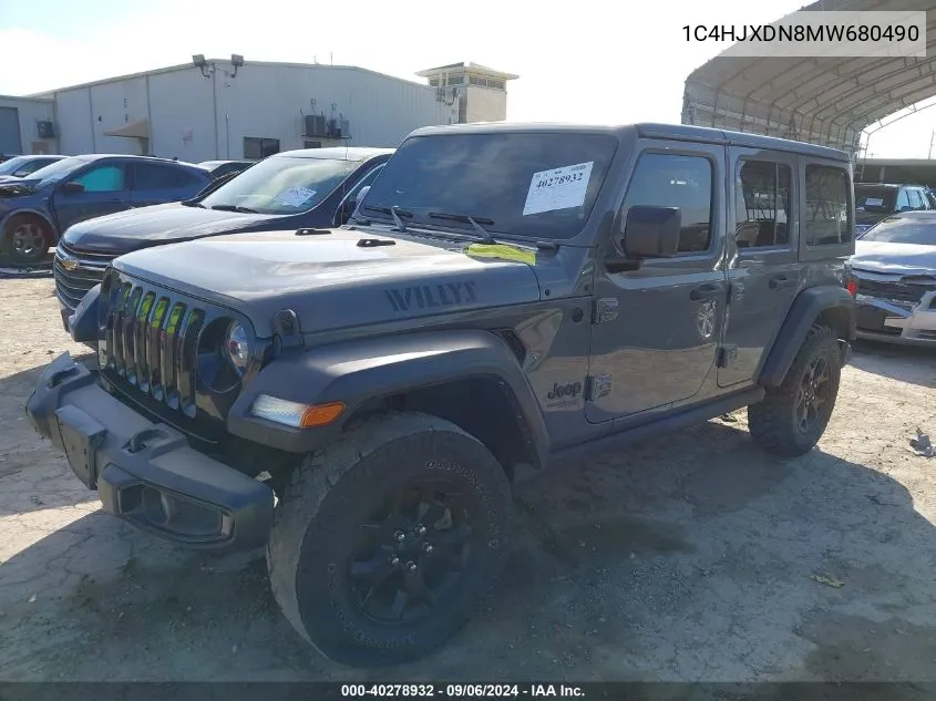 2021 Jeep Wrangler Unlimited Willys 4X4 VIN: 1C4HJXDN8MW680490 Lot: 40278932