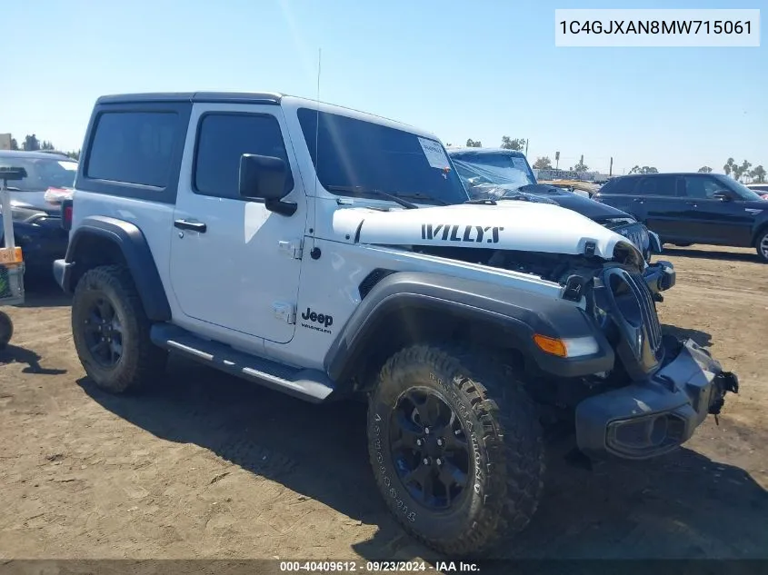 2021 Jeep Wrangler Willys 4X4 VIN: 1C4GJXAN8MW715061 Lot: 40409612