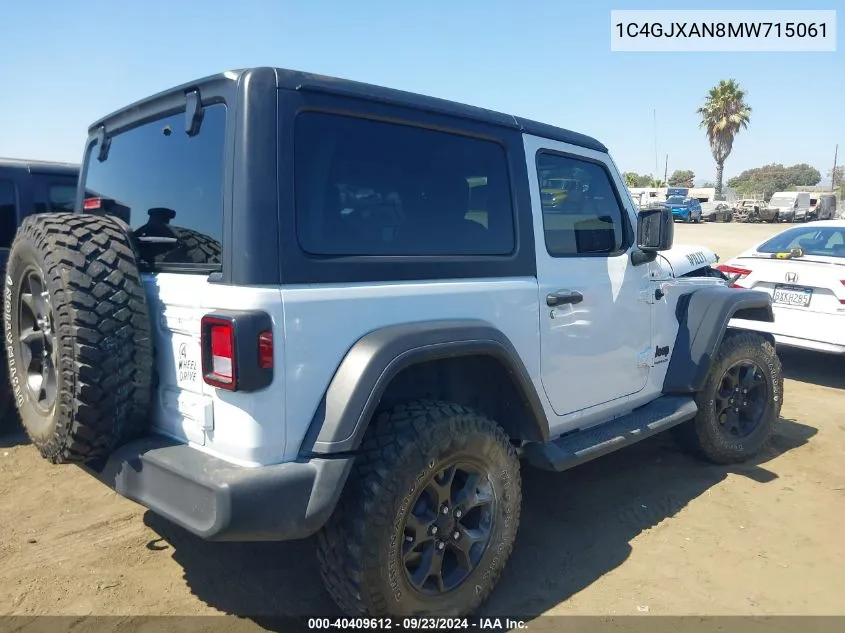 2021 Jeep Wrangler Willys 4X4 VIN: 1C4GJXAN8MW715061 Lot: 40409612