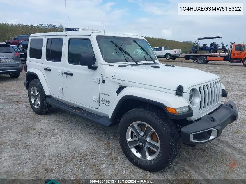 2021 Jeep Wrangler Unlimited Sahara 4X4 VIN: 1C4HJXEG3MW615322 Lot: 40516213