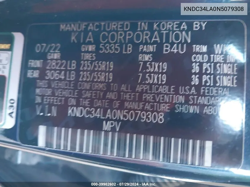 KNDC34LA0N5079308 2022 Kia Ev6 Wind