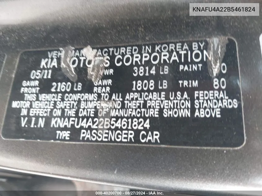 KNAFU4A22B5461824 2011 Kia Forte Ex