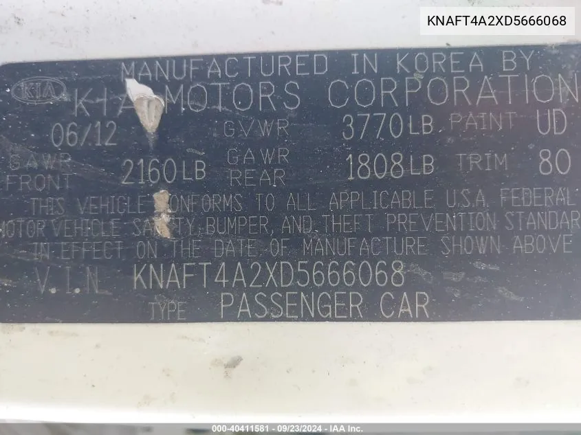 KNAFT4A2XD5666068 2013 Kia Forte Lx