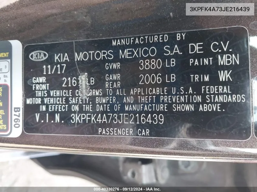 3KPFK4A73JE216439 2018 Kia Forte Lx