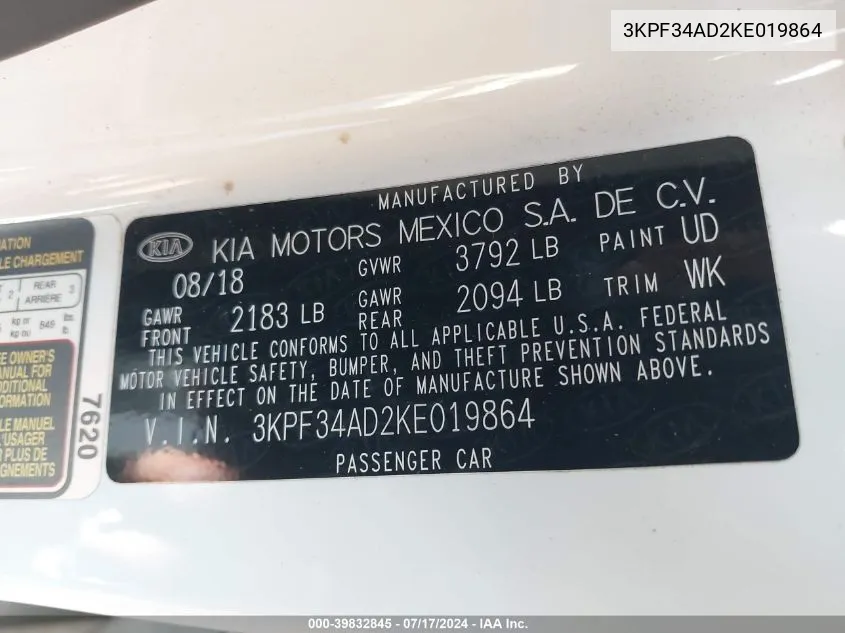 2019 Kia Forte Gt Line/S VIN: 3KPF34AD2KE019864 Lot: 39832845