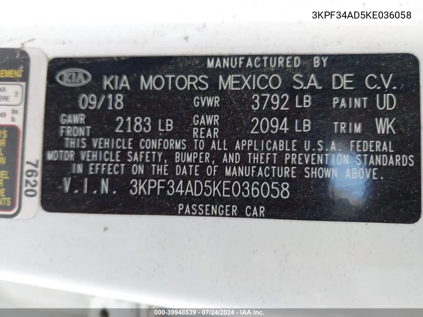 3KPF34AD5KE036058 2019 Kia Forte S