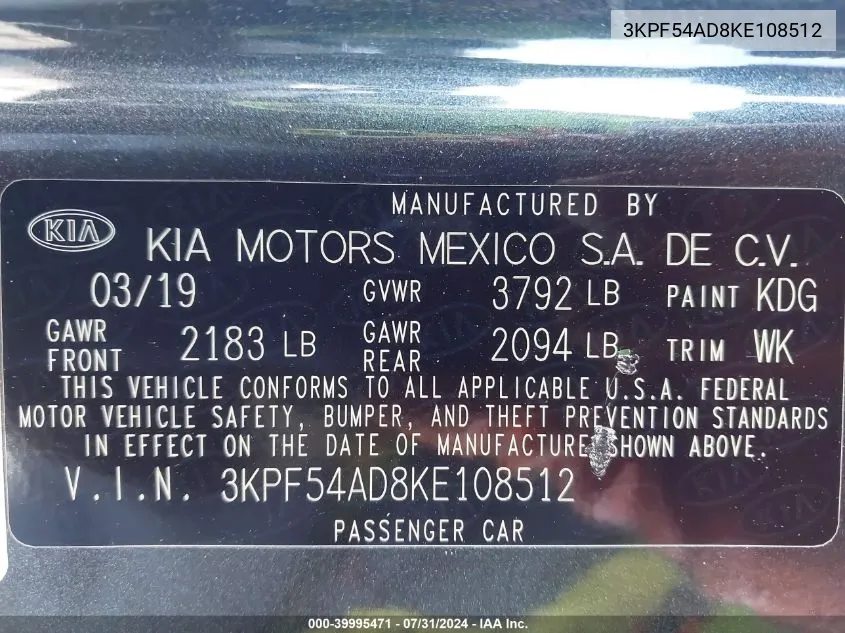 3KPF54AD8KE108512 2019 Kia Forte Ex