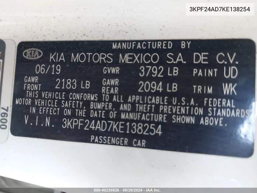 3KPF24AD7KE138254 2019 Kia Forte Fe