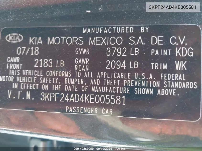 3KPF24AD4KE005581 2019 Kia Forte Fe