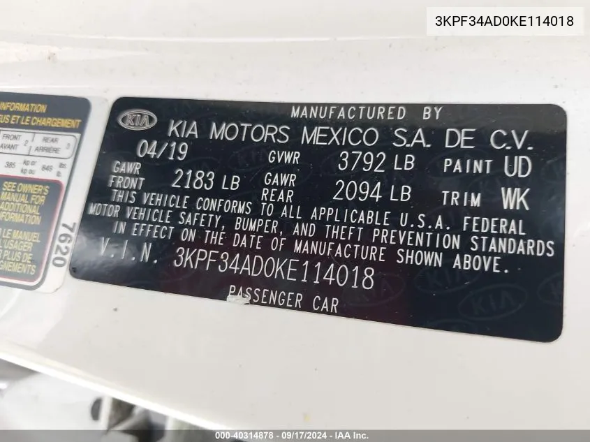 3KPF34AD0KE114018 2019 Kia Forte S