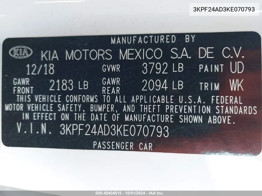 3KPF24AD3KE070793 2019 Kia Forte Fe/Lx/Lxs