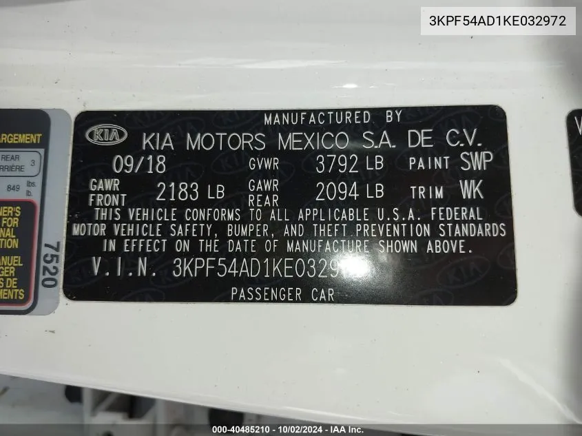 3KPF54AD1KE032972 2019 Kia Forte Ex