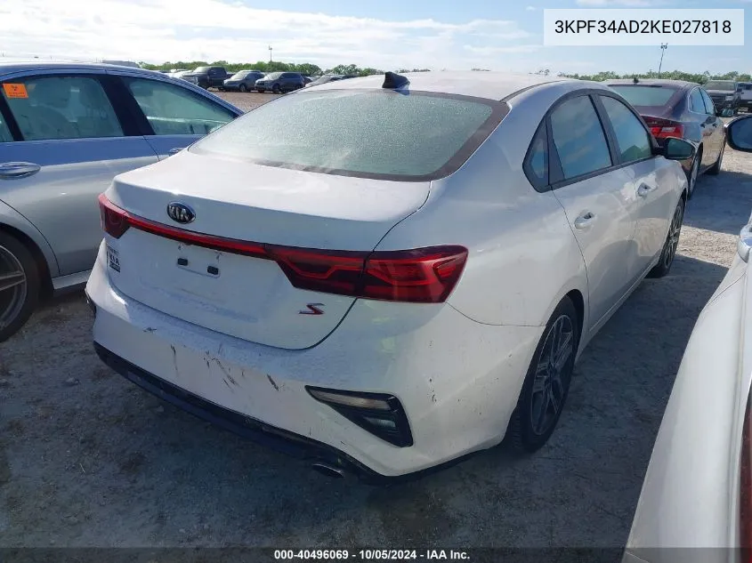 2019 Kia Forte Gt Line/S VIN: 3KPF34AD2KE027818 Lot: 40496069