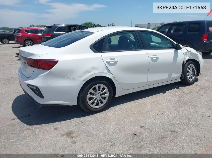 2020 Kia Forte Fe VIN: 3KPF24AD0LE171663 Lot: 39413043