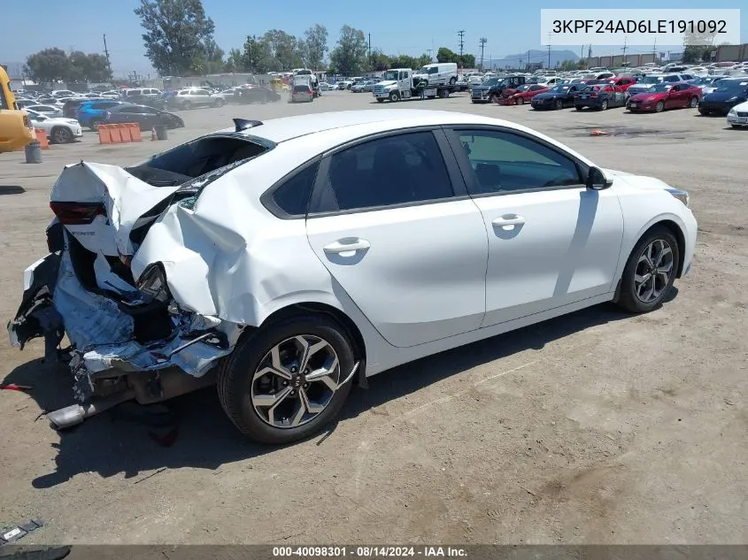 2020 Kia Forte Lxs VIN: 3KPF24AD6LE191092 Lot: 40098301