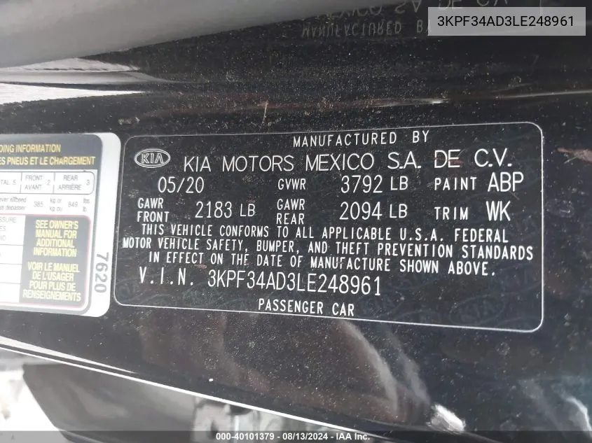 3KPF34AD3LE248961 2020 Kia Forte Gt-Line