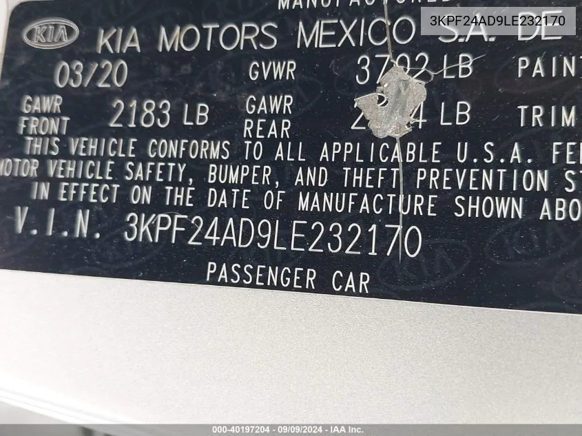 3KPF24AD9LE232170 2020 Kia Forte Lxs