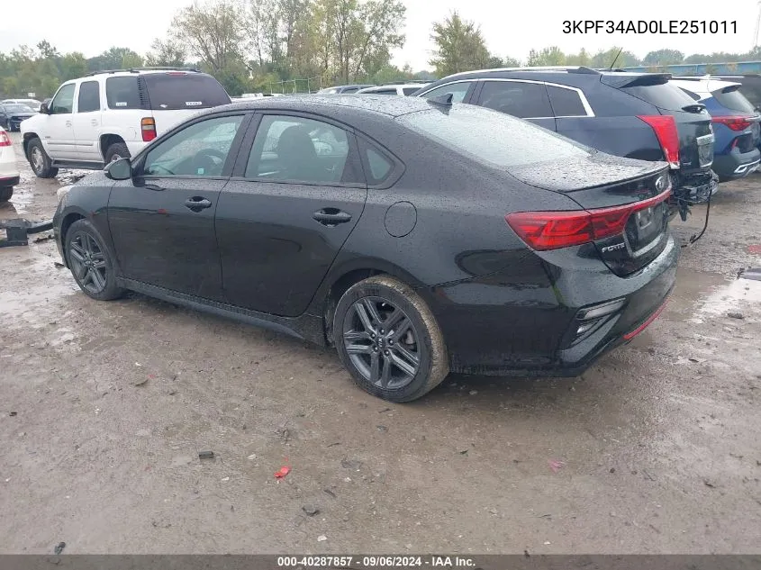 2020 Kia Forte Gt-Line VIN: 3KPF34AD0LE251011 Lot: 40287857