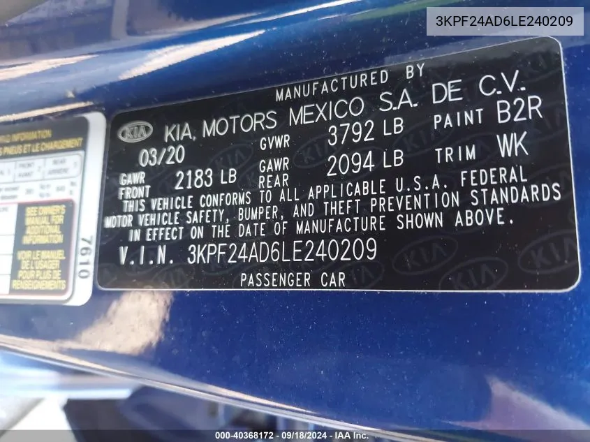 2020 Kia Forte Lxs VIN: 3KPF24AD6LE240209 Lot: 40368172