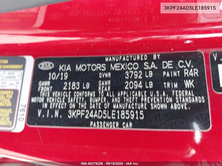 2020 Kia Forte Fe/Lxs VIN: 3KPF24AD5LE185915 Lot: 40379226