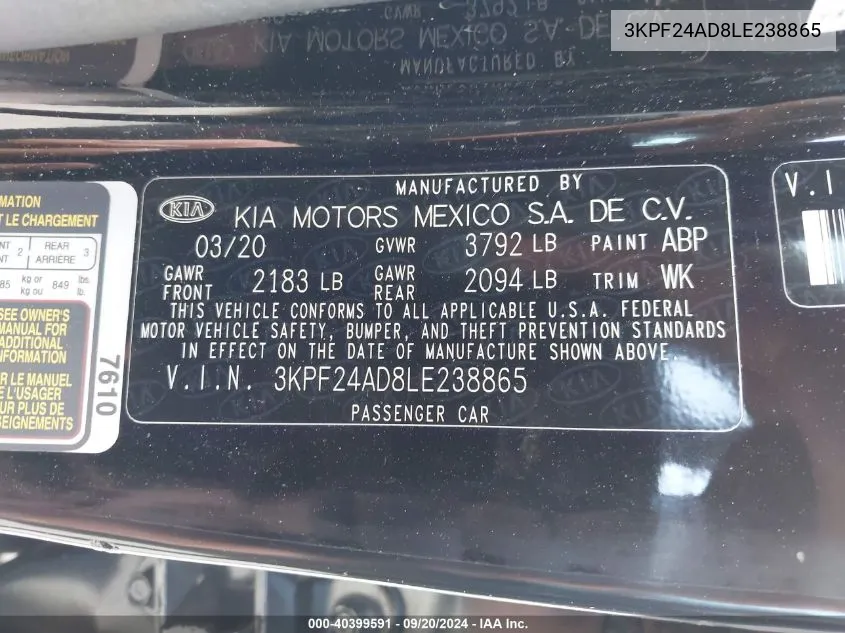 3KPF24AD8LE238865 2020 Kia Forte Lxs